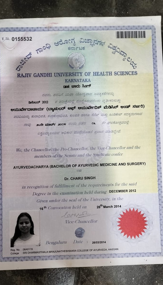BAMS Degree Certificate — Dr. Charu Singh