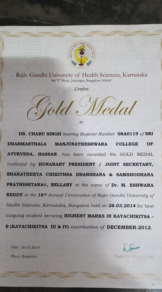 Gold Medal Certificate — Dr. Charu Singh